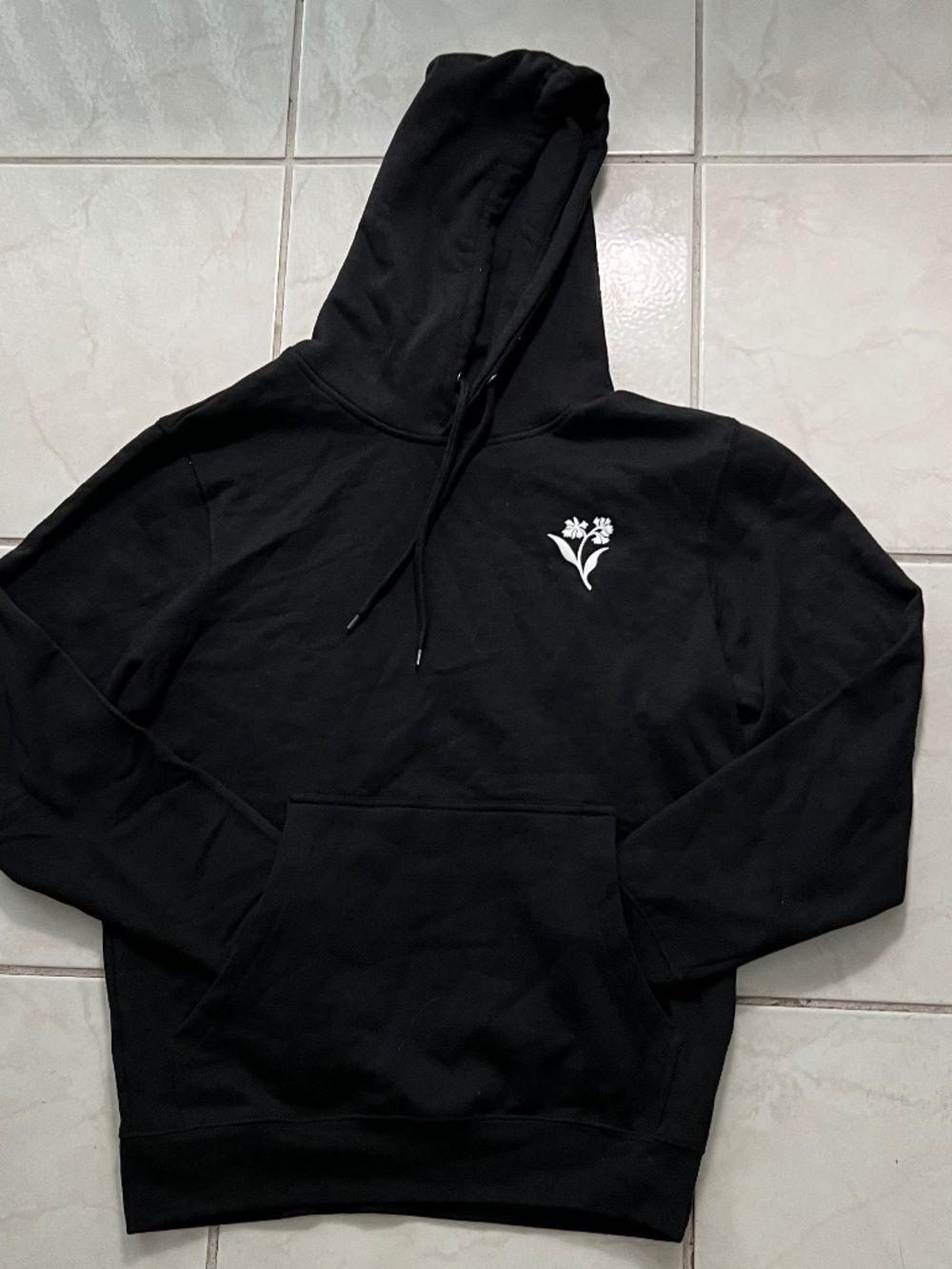 Black Premium Fleece Lane 7 Pullover Hoodie White Flower Floral Graphic- Size L
